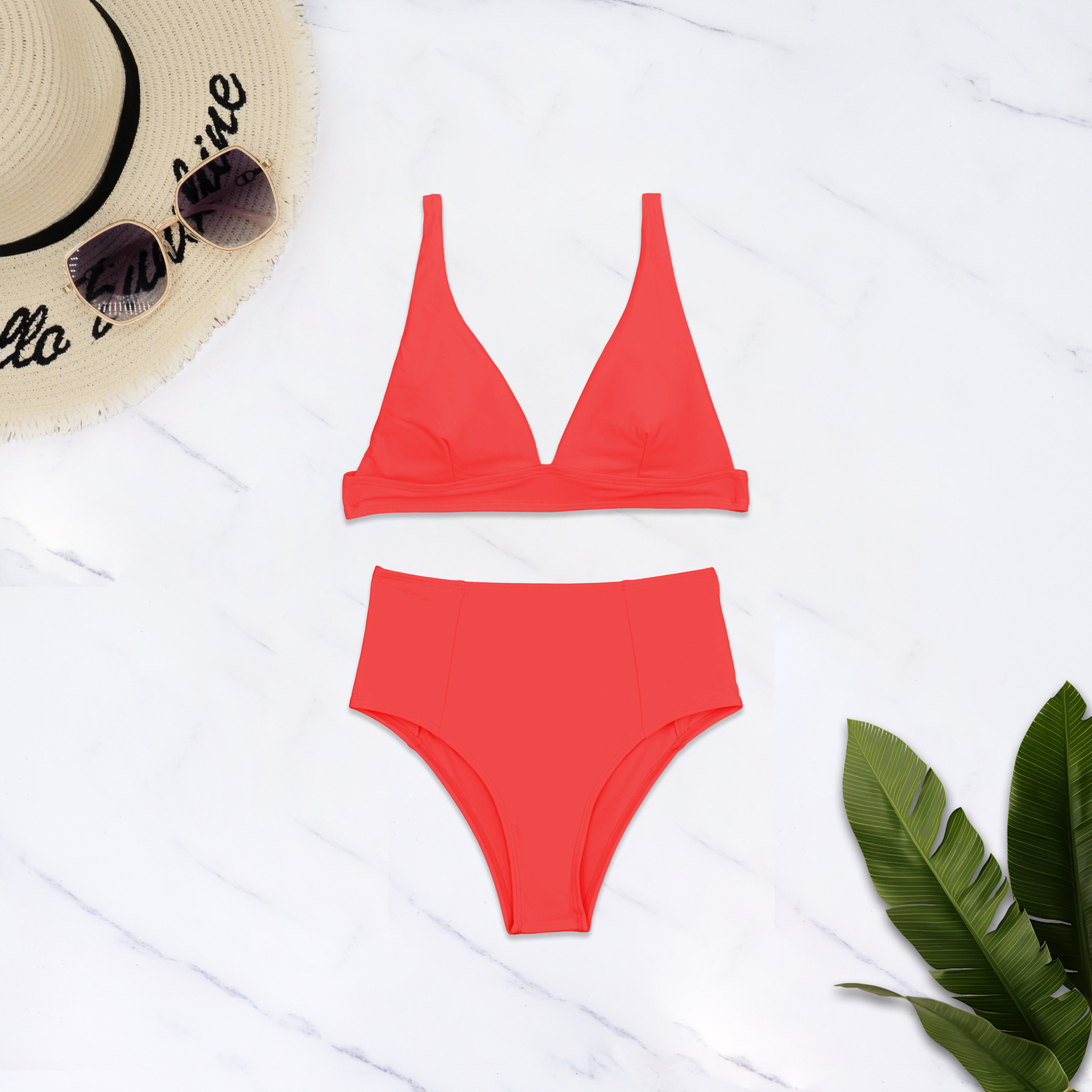 High-waisted Two Piece Bikini Solid Colour Swimsuit For Women_voghion.com