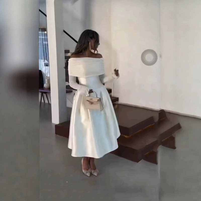 2026 New European and American Style One-Shoulder Waist-Cinching Satin Dress with a High-End Feel and Elegant Mid-Length Gown 2026 New European and American Style One-Shoulder Waist-Cinching Satin Dress with a High-End Feel and Elegant Mid-Length Gown