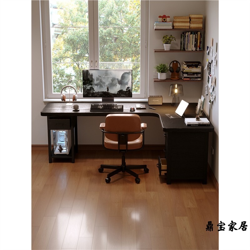 All-Solid Wood Corner Desk Bookcase Integrated Desktop Computer Desk Gaming Desk L-Shaped 7-Corner Bedroom Reading and Study Desk