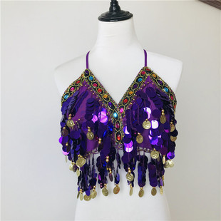 European and American Sequin Bra Colorful Wrapped Chest Belly Dance Suit Lace-up Tassel Top Hanging Coin Stage Performance Dance Clothes Multicolor