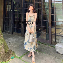 新中式吊带连衣裙水墨画扎染小众设计文艺国风长裙度假风拍照裙子