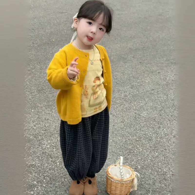 女童针织开衫秋冬毛衣外套+长袖内搭+格子灯笼裤新三件套|undefined