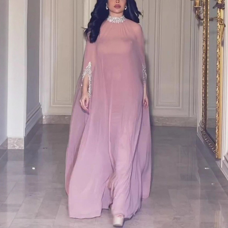 Spring and Summer New European and American Style Sexy Cape Sequin Chiffon Evening Dress Two-Piece Set