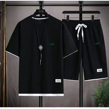 夏季新款华夫格短袖套装男士韩版潮流青少年学生时尚大码两件套男