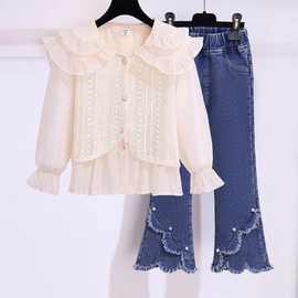 女童喇叭牛仔裤套装春秋款2025新款儿童洋气时髦假两件衬衫两件套