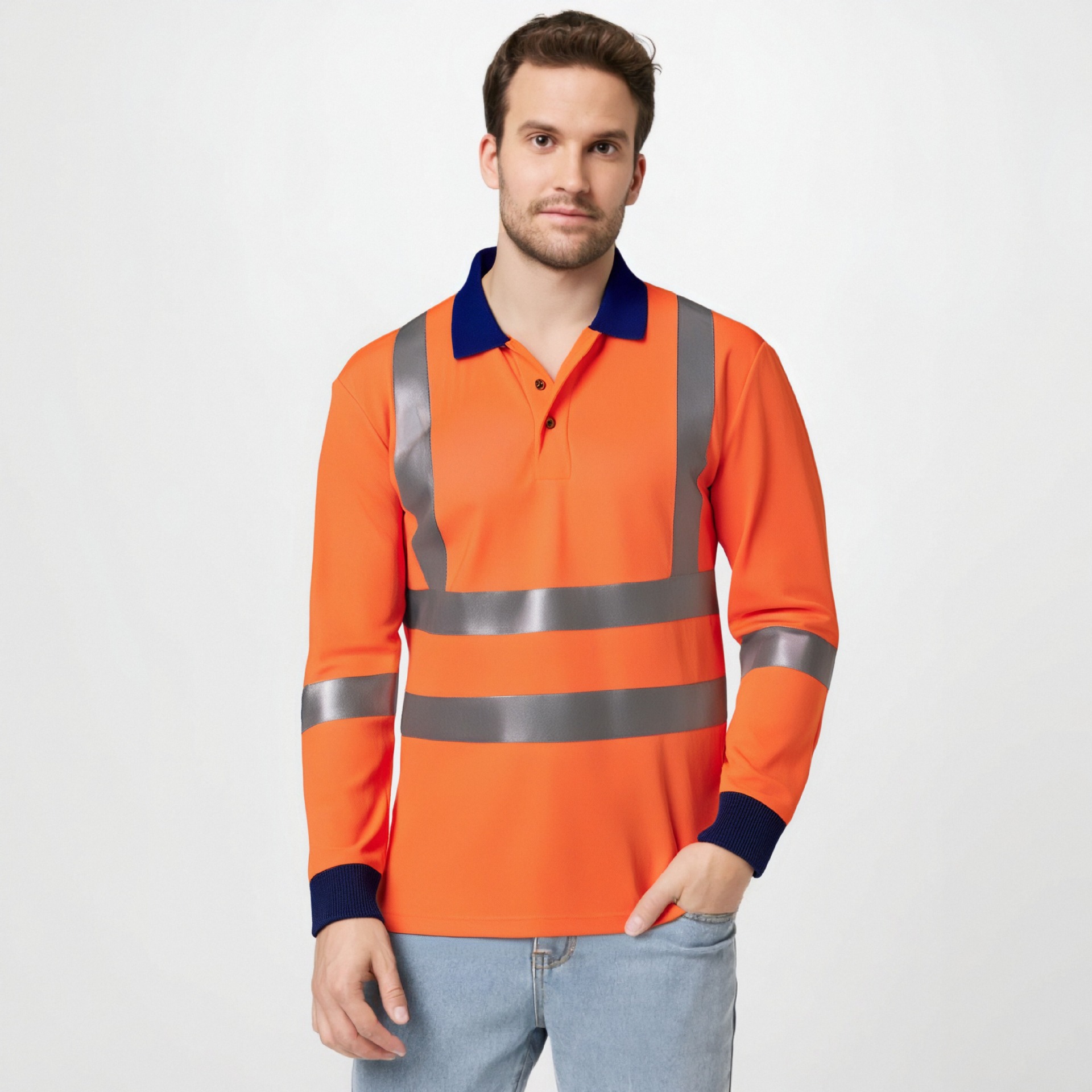 Camisa Polo de Manga Larga con Cinta Reflectante para Hombre, Ropa de Trabajo, Construcción Vial, Seguridad, Camisa de Trabajo con Cuello