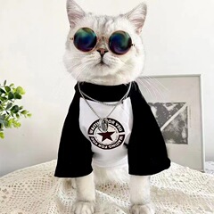 ペット用トレンド服 春秋 薄手 半袖Tシャツ 白黒プリント おしゃれ 毛がつきにくい 猫用ファッショントレンドコーデ