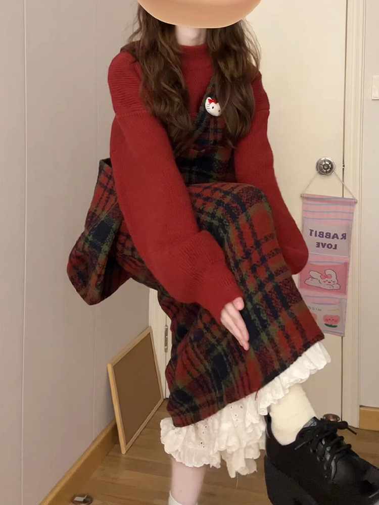 背带连衣裙过感火红色毛衣小个子套装新年战袍2025超子女秋冬高级