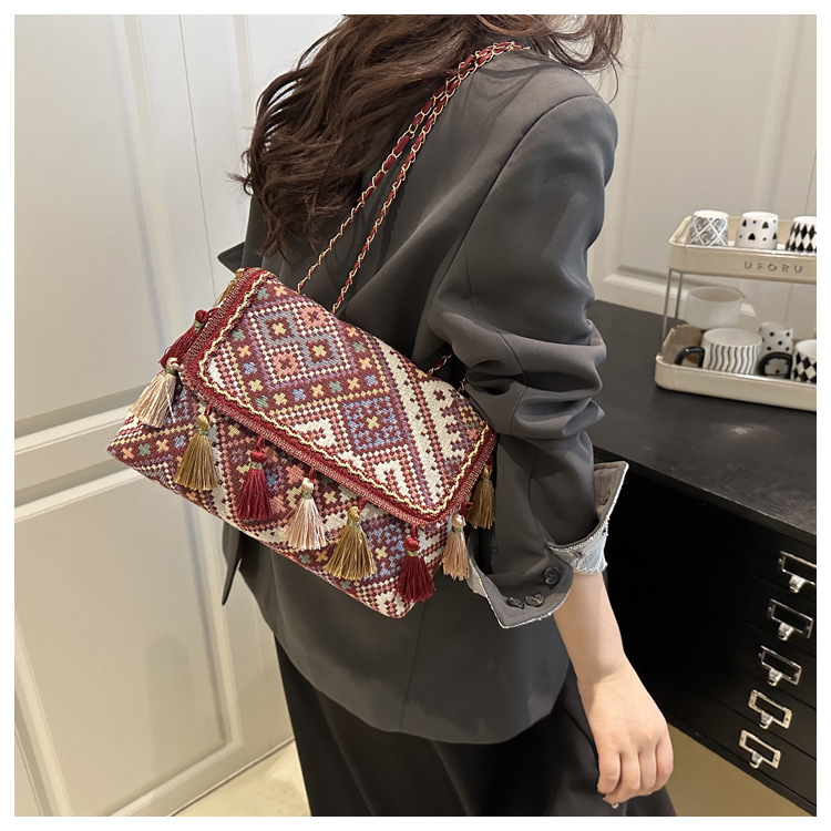 336g Weight Flip Cover Closure Type Single Shoulder Strap Strap Type Shoulder Bag Bags Type Casual, Holiday Occasion Cloth Material Geometric Pattern All Seasons Season Women's Gender Elegant, Ethnic Style Style Square Shape Women's Cloth Geometric Elegant Ethnic Style Square Flip Cover Shoulder Bag 12