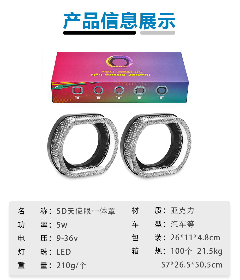Cross-Border New Car Led Headlight Decorative Halo Ring with Colorful 5D Lens Angel Eyes Integrated Cover Turn Signal Modification