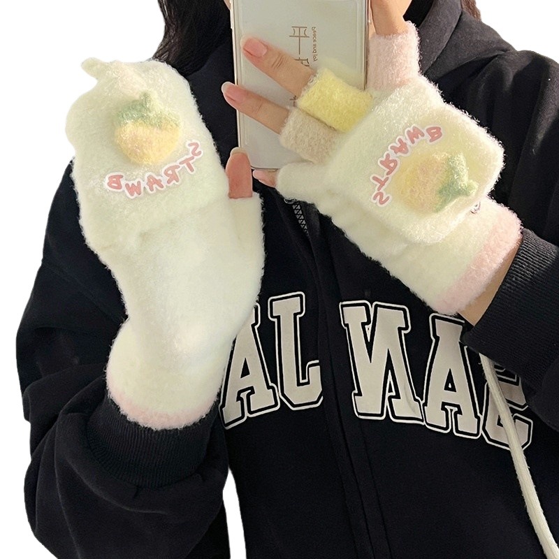 겨울 추위와 바람에 강한 다재다능한 학생 소녀 귀여운 터치 스크린 분리형 손가락 따뜻함 플러스 벨벳 플러스 코튼 도파민 컬러 장갑