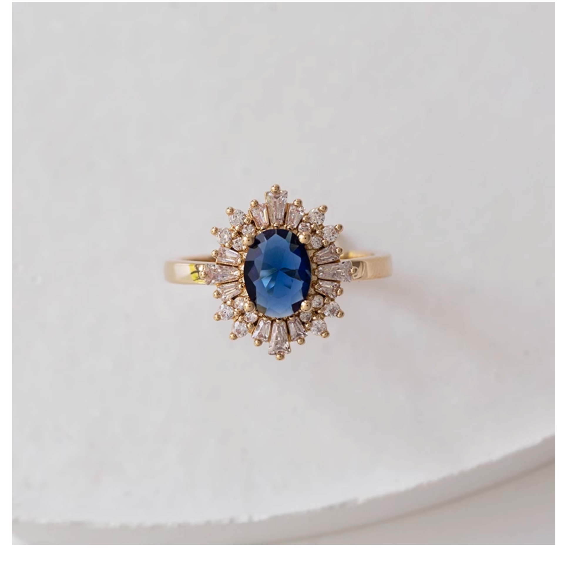 Exquisite Oval Zircon Ring With Sapphire Flower Design Elegant_voghion.com