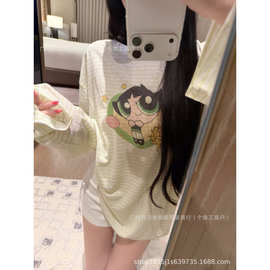 浅黄绿条纹飞天小女警卡通印花防晒上衣卡通减龄宽松休闲长袖T恤