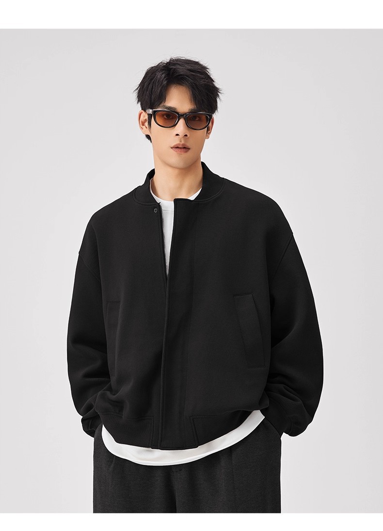 Leichte, luxuriöse Freizeitjacke, gestrickte Baseballjacke für Herren, schwarz, locker geschnitten_voghion.com