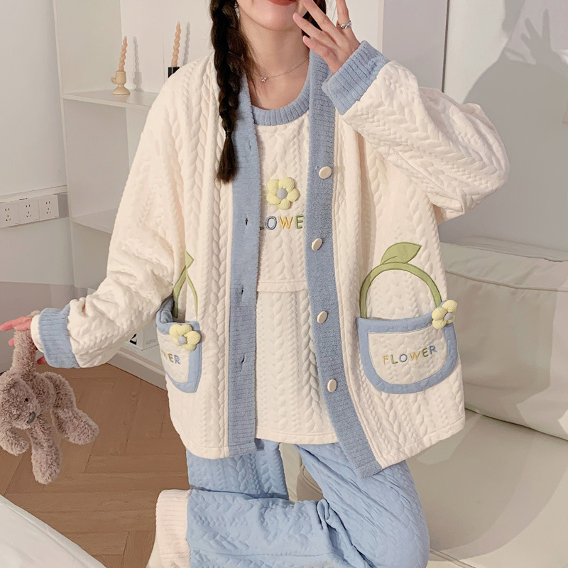 老舗ブランドの秋冬エアコットン中綿入り産後服3点セット、妊婦用授乳パジャマ、授乳服2点セット、トレンド|undefined