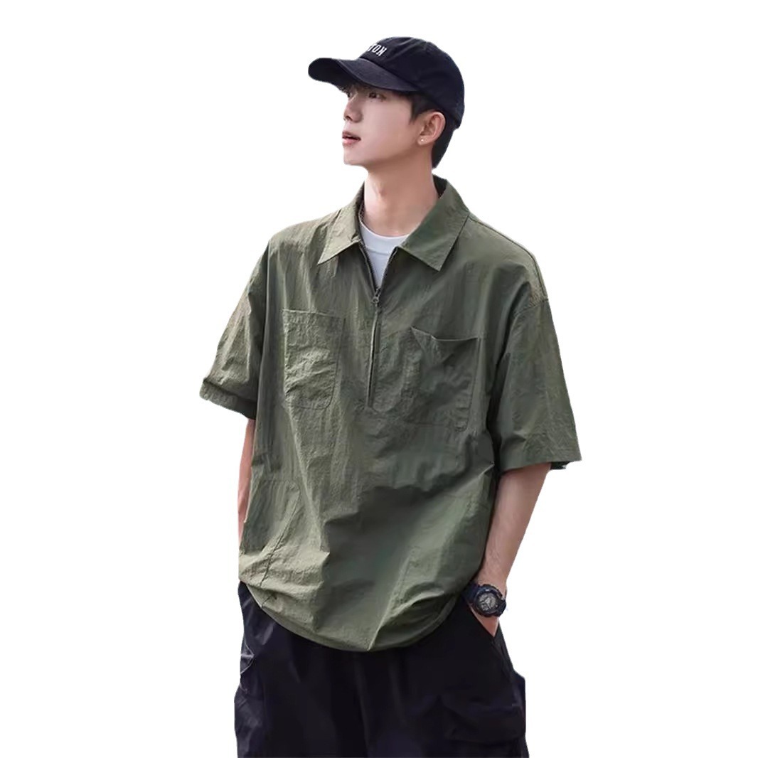 Half zip short shirt, men's summer brand, trendy and cool workwear, half sleeved casual lapel polo shirt_voghion.com