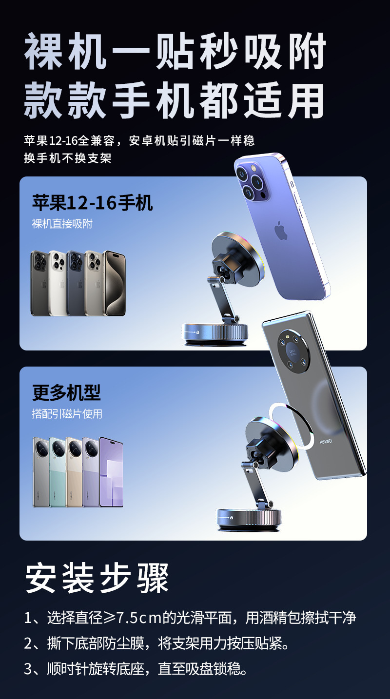 Cross-border wireless charging stand, rotating magnetic car phone holder, 15W fast charging, ambient light magnetic phone holder