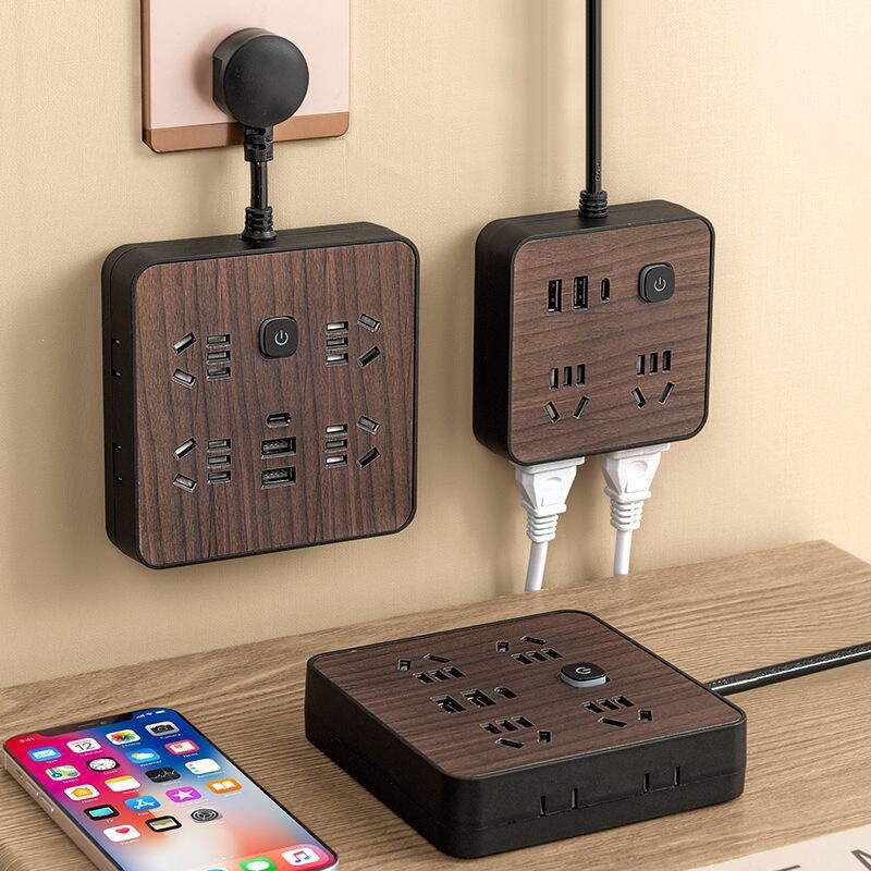 Retractable Power Strip with Long Cord, Multifunctional USB Power Board, Multi-Socket Power Strip, Electric Plug Extension Board, Wood Grain Design