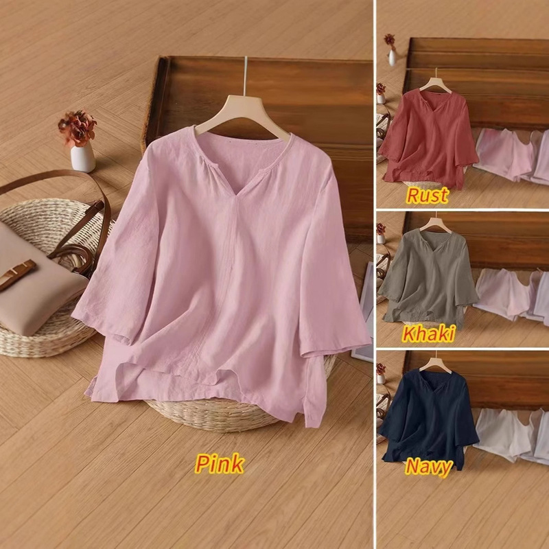 Cross-Border 2025 Women's Retro Cotton Shirt Summer Solid Color Elegant V Neck Three-Quarter Sleeve Loose Work Shirt