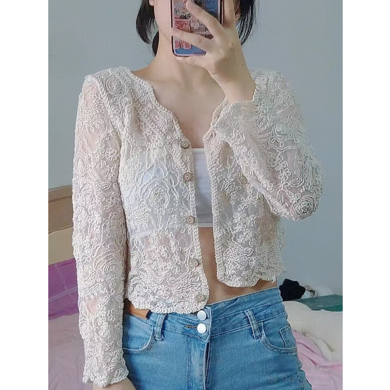 Pure Desire Style Lace Cardigan for Women, New Summer French Fashion Burnt-Out Mesh Semi-Transparent Niche Hollow-Out Shirt
