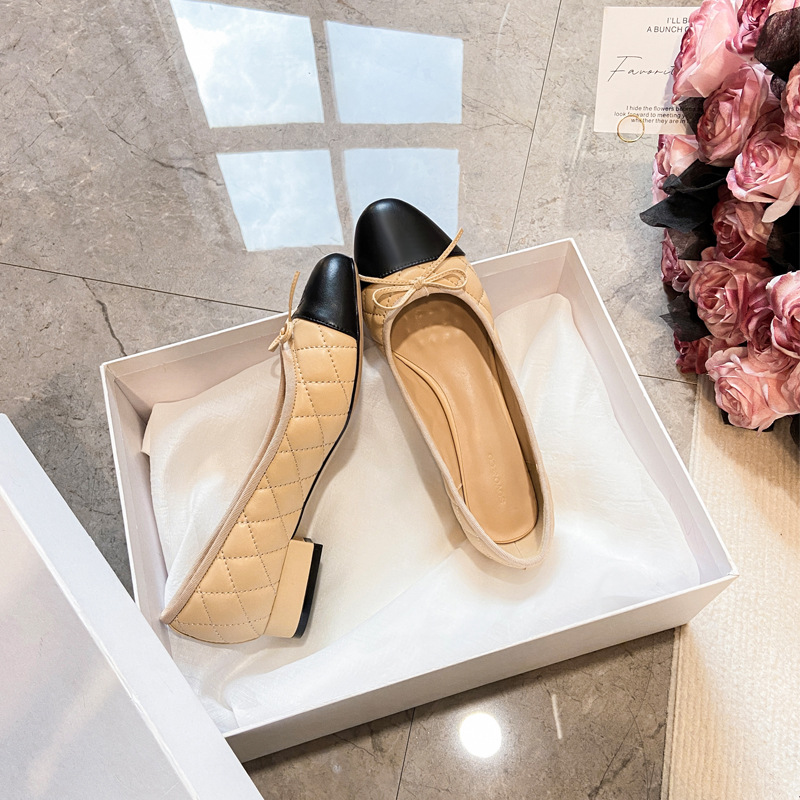 D-3 Genuine Leather Small Fragrant Quilted Flats for Women 2026 Thick Heel Bow Ballet Shoes Shallow Mouth Color Matching Flats Shoes