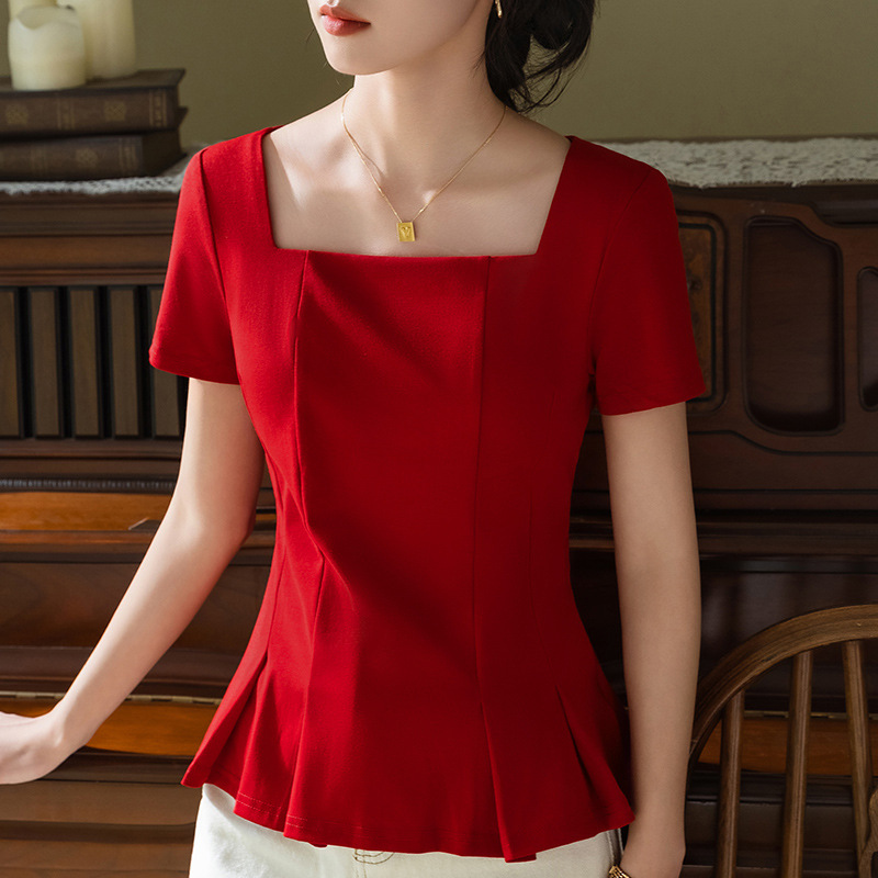 Camiseta de manga corta para mujer verano 2023 nuevo cuello cuadrado retro de las mujeres Camiseta de algodón de color sólido francés paraguas cintura-top apretado