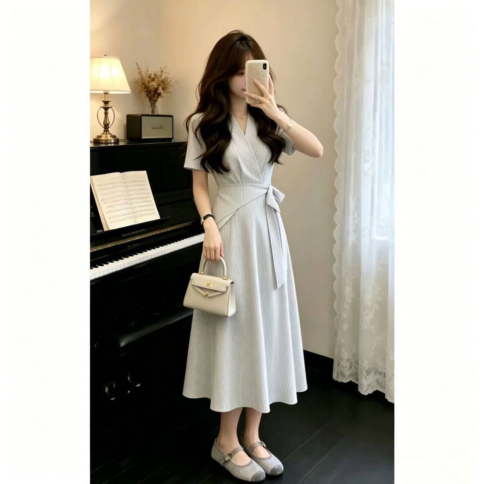 Đầm sơ mi kẻ sọc cổ chữ V tay ngắn chiết eo tôn dáng — Váy sọc (chất lượng cao) chi tiết 4