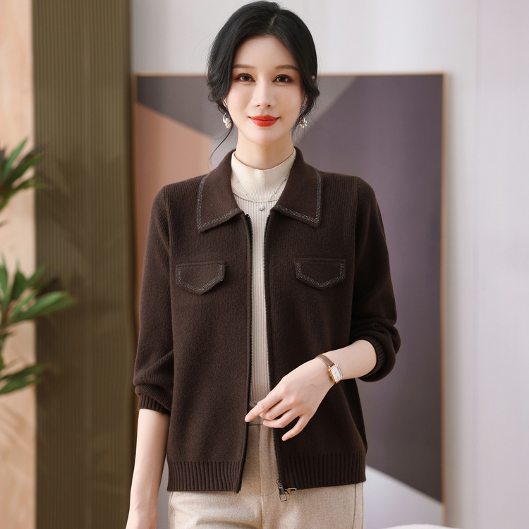 新款洋气毛衣女外套中老年上衣时尚妈妈装翻领针织衫开衫春装|undefined