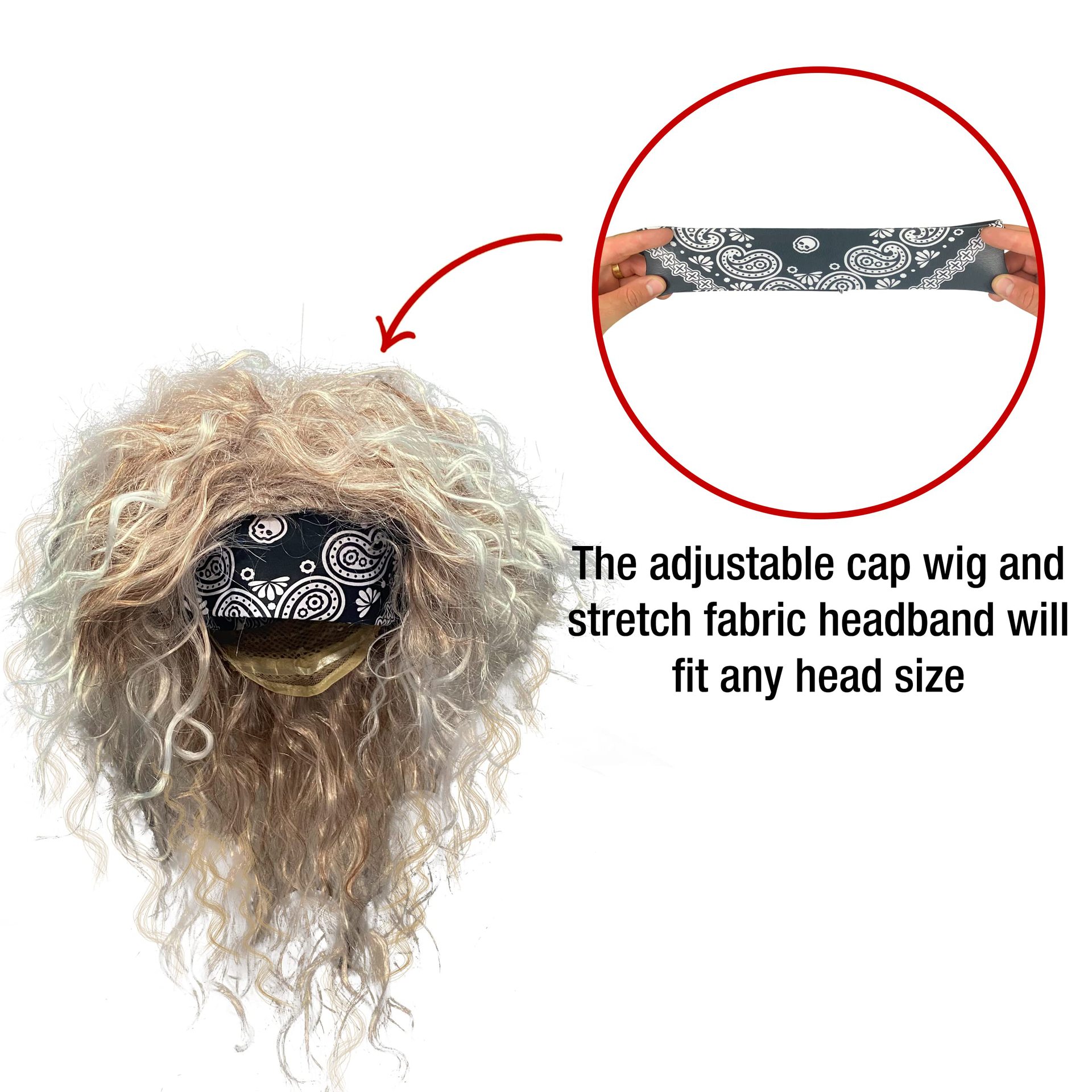 Pelo rockero metal traje peluca con tela Paisley diadema, cubierta del tatuaje y guantes de ciclismo