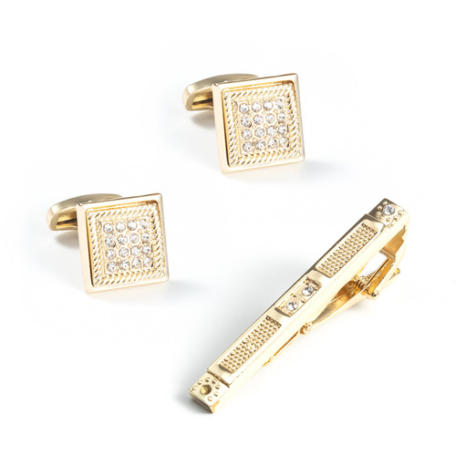 High-end Diamond-embellished Gold Tie Clip and Cufflinks Set French Metal Alloy Cufflinks Copper Tie Clip Wholesale