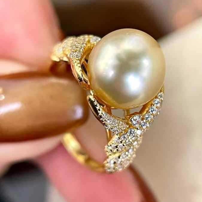극지 오로라 10-11MM 해수 난양 금 구슬 자연색 천연 진주 마이크로 플로 조커 진주 반지