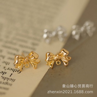 Color-retaining copper gold-plated glossy ribbon bow 925 silver pin ear studs semi-finished DIY handmade accessories