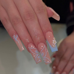 跨境穿戴甲長款白色小花蝴蝶結辣妹指甲貼片可拆卸美甲貼甲片批發