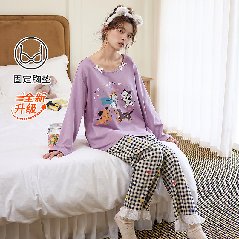 全棉睡衣女带胸垫春秋季长袖卡通可爱风两件套装纯棉韩版家居服冬|undefined