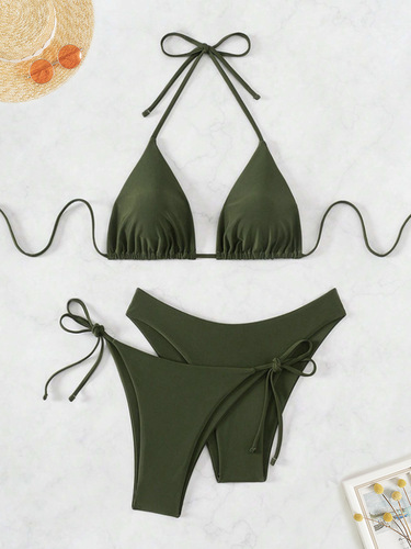New European and American-style women's swimwear: solid-color halter-neck tie-string triangle brief bikini, two-piece three-piece set bikini.