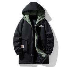 跨境大码夹克男士连帽防风防水中长款风衣加肥加绒加厚男装外套潮