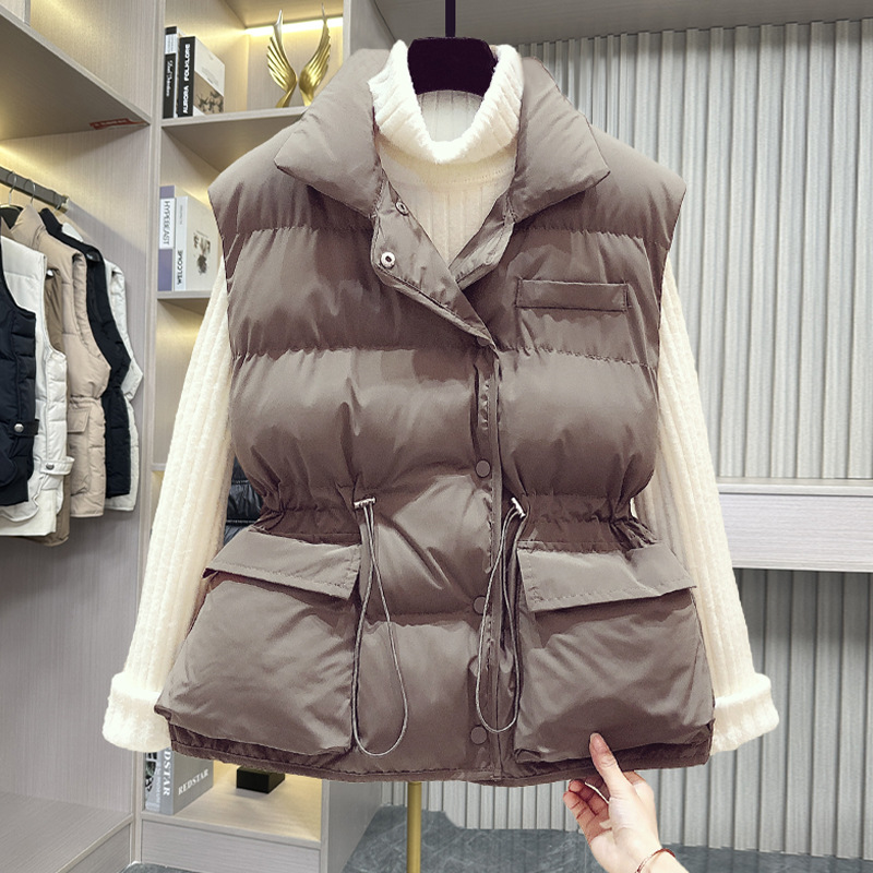 Chaleco de chaleco de cuello de soporte de estilo coreano para mujer 2023 otoño e invierno chaleco con cordón cálido y suelto chaleco superior