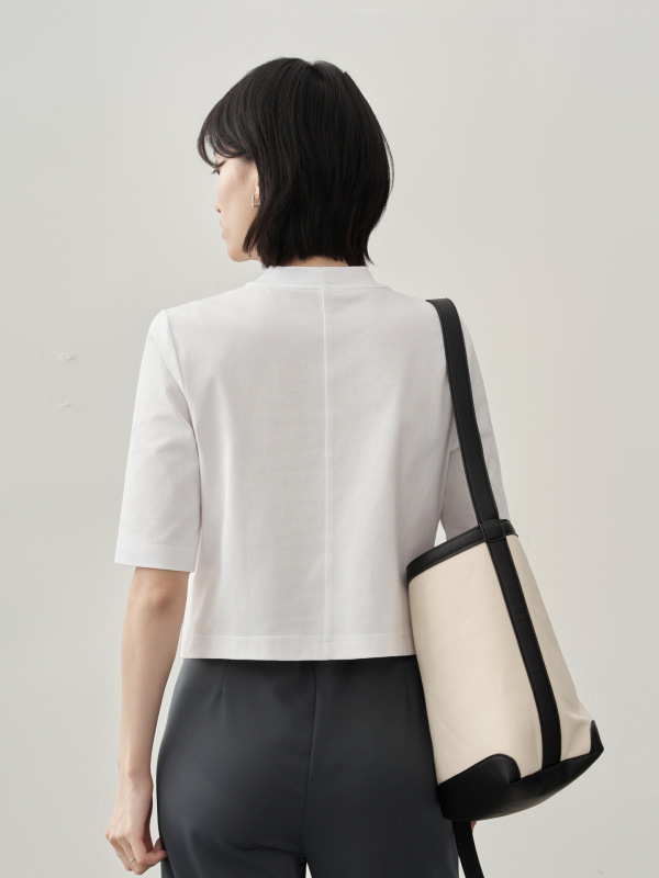 露脐短款半高领t恤女夏五分中袖正肩外穿宽松高腰中领上衣打底衫|undefined