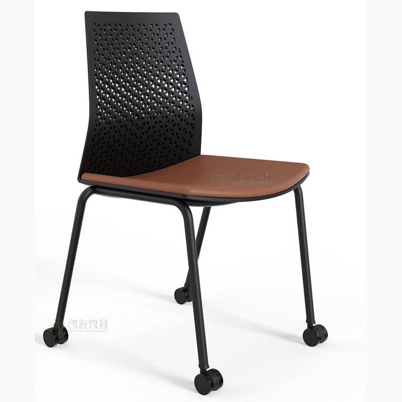 Plastic Back Four-Leg Wheeled Dining Chair Simple Backrest Movable Training Chair Staff Conference Chair Reading Chair