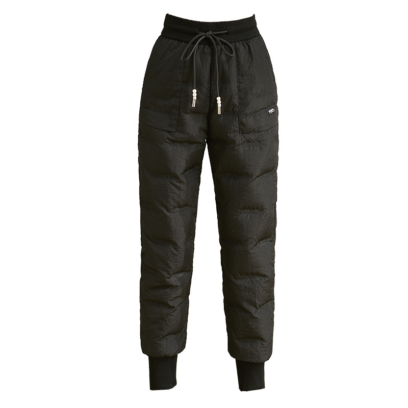 Quần lông vũ nữ mặc ngoài trời cạp cao dày dặn cỡ lớn, quần cotton nhẹ giữ ấm mùa đông — Màu đen