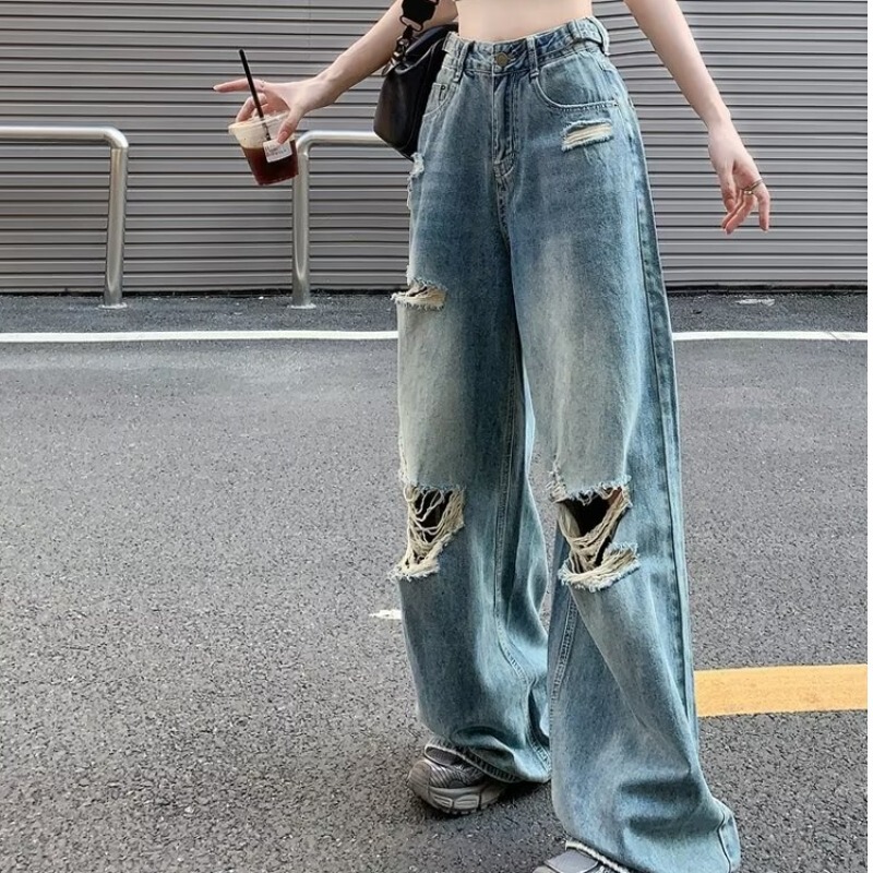YF retro ins adjustable waist ripped wide-leg jeans women's summer high waist light color straight mop pants