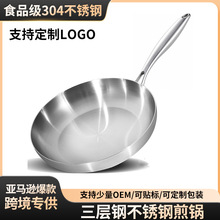 跨境不锈钢煎锅特厚三层钢商用平底锅欧美家用牛排煎锅无涂层锅