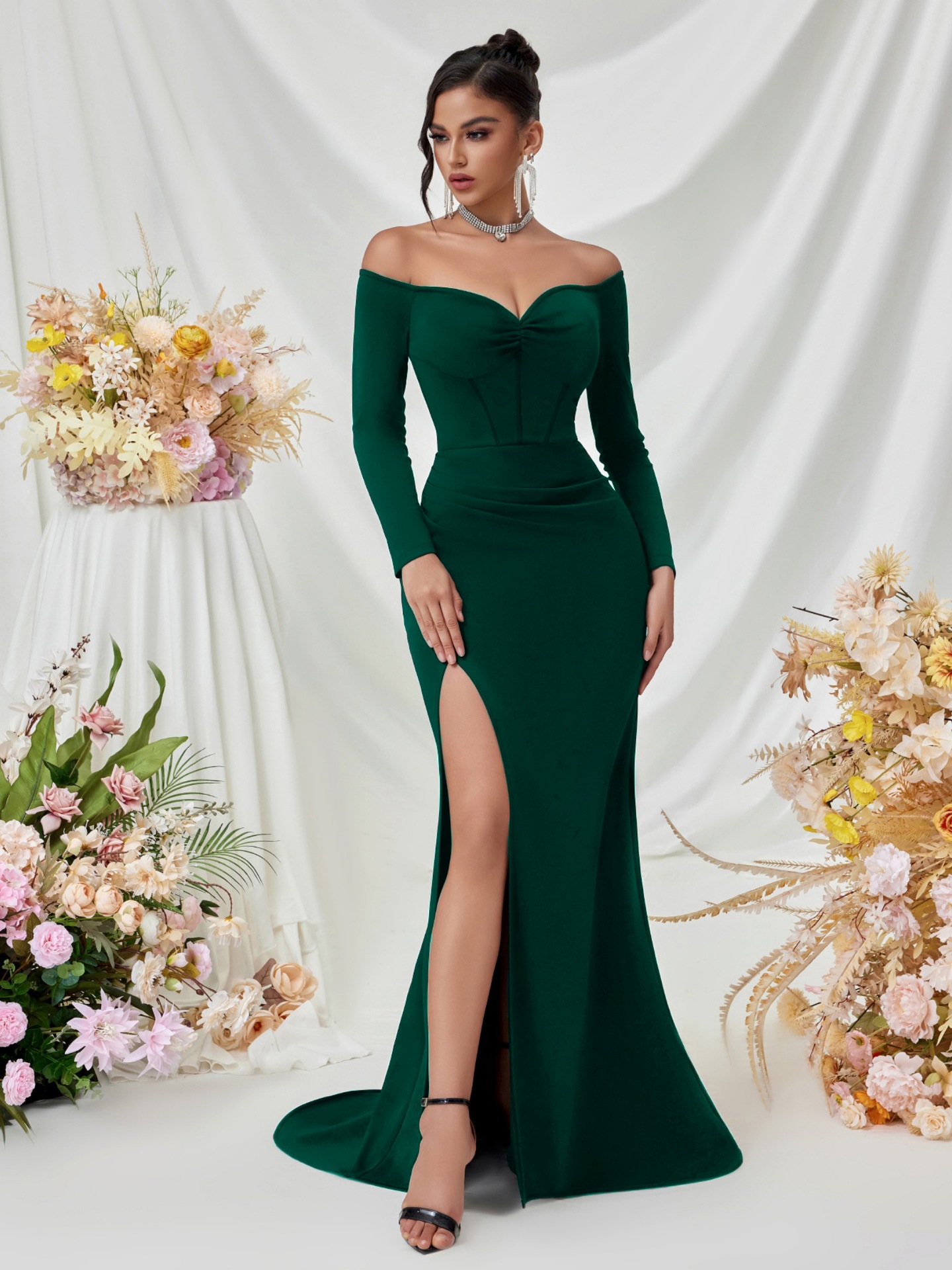 2025 falda de trapeador sexy de manga larga europea y americana transfronteriza de color sólido con horquilla alta y delgada falda de vestido de dama de honor de fiesta sin tirantes image 4