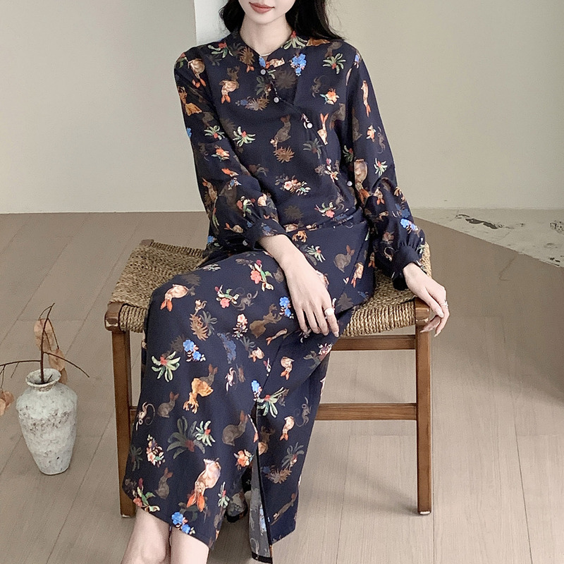 High-End and Elegant Long-Sleeved Nightgown for Women in Spring and Autumn, Slimming and Lazy Style, New Chinese Style, National Style, Cheongsam, Cotton Silk Home Wear