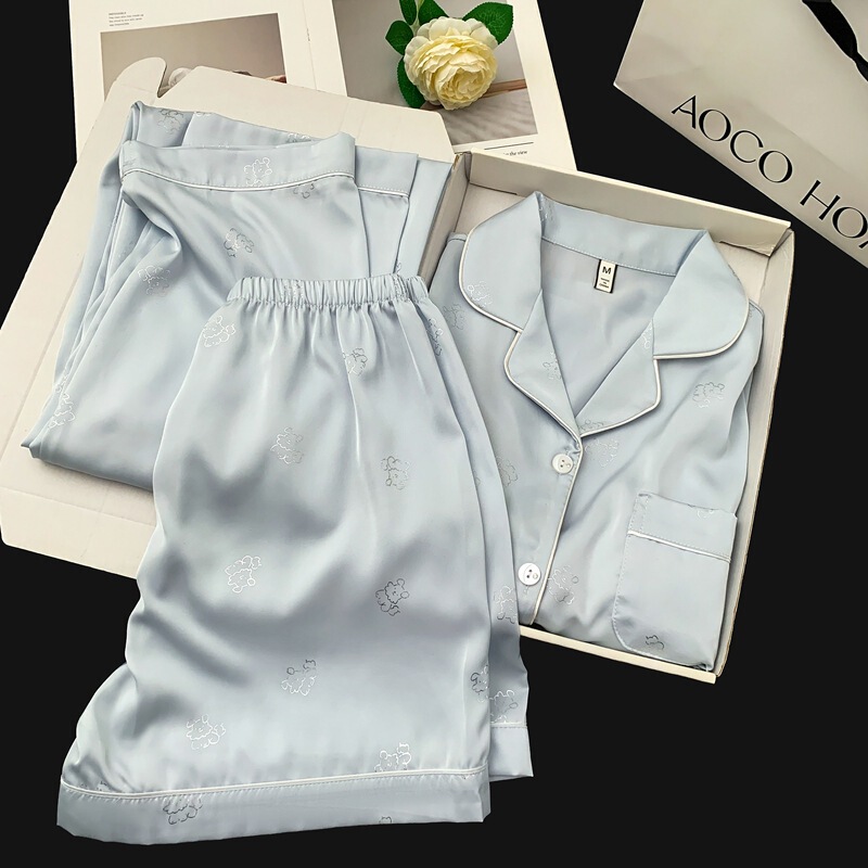 Summer New Short-Sleeve Pajamas with Chest Pads and Silver Print Puppy Design for Women, Summer Ice Silk Short-Sleeve Satin 2026 New Home Wear Summer New Short-Sleeve Pajamas with Chest Pads and Silver Print Puppy Design for Women, Summer Ice Silk Short-Sleeve Satin 2026 New Home Wear