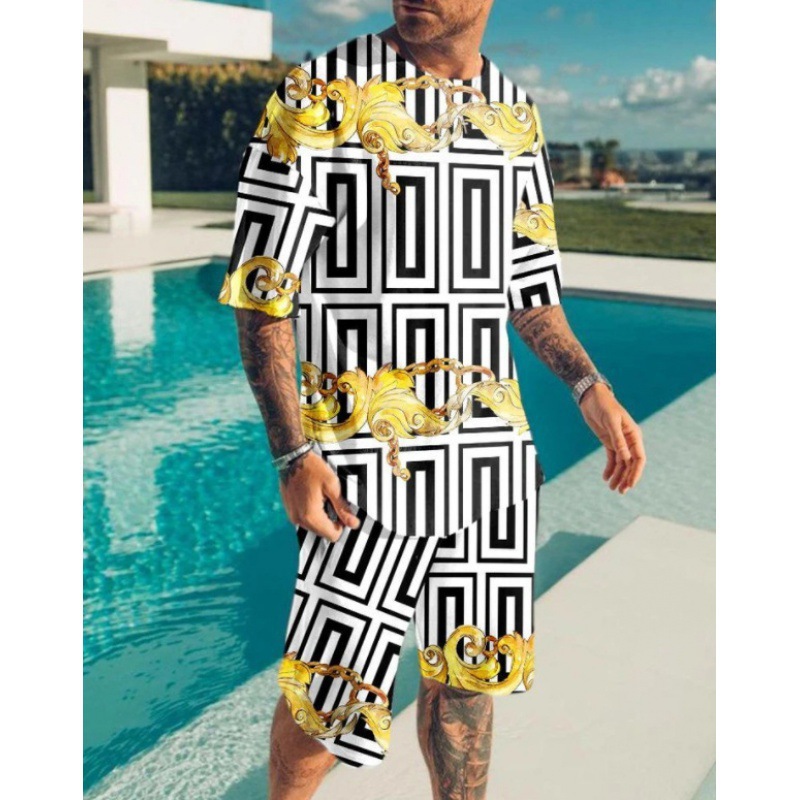 2023 verano transfronterizo camiseta 3D europea y americana manga corta pantalones cortos de dos piezas deportivos casuales para hombres