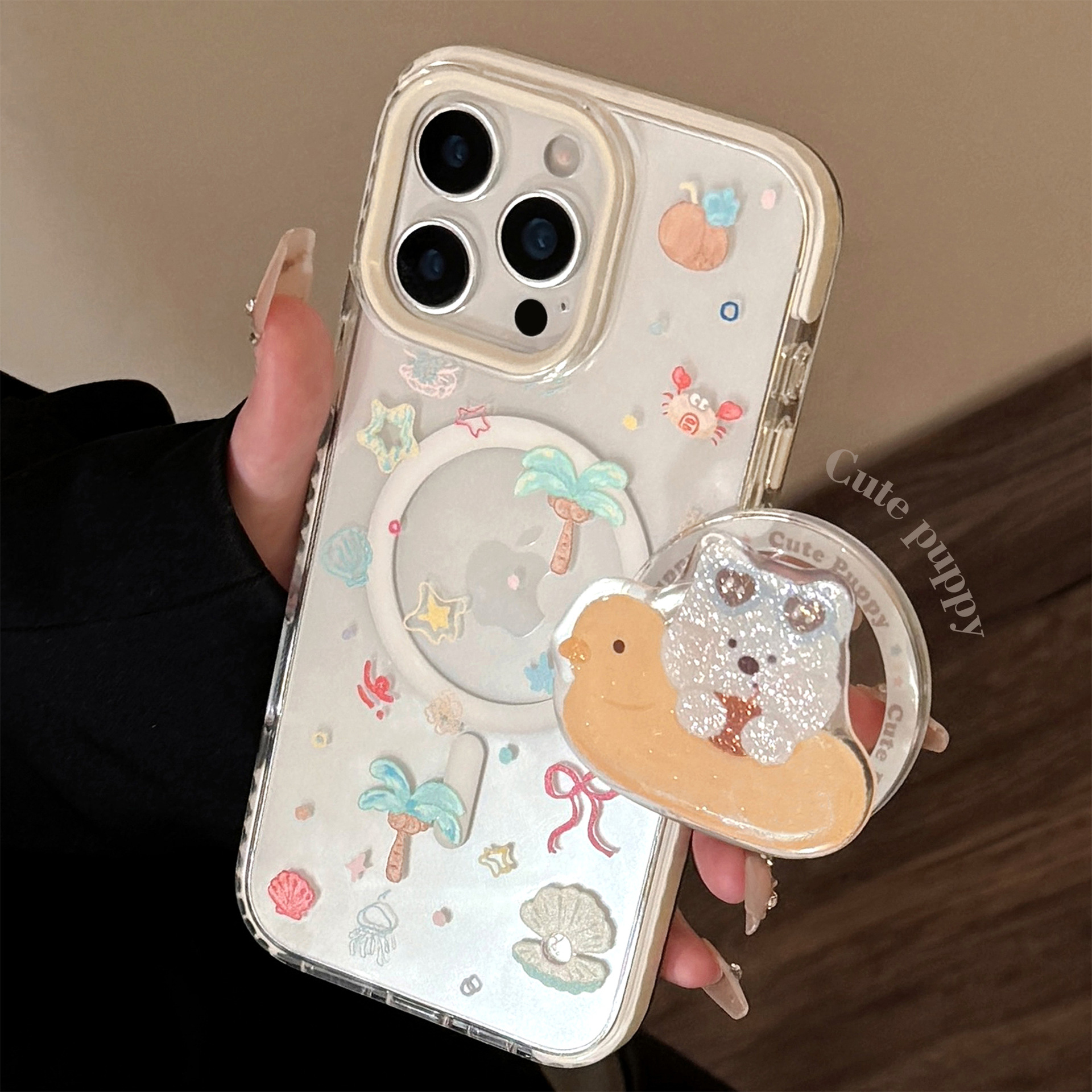 Magnetic Protective Phone Case For IPhone 17 16 15 14 13 12 11 Pro Promax Plus Glitter Summer Puppy Holder Transparent IPhone17 Phone Case Anti-Drop_voghion.com