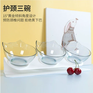 猫盆多猫家喂食器护颈倾斜防打翻饮水黑碗大口径三碗猫碗跨境热销