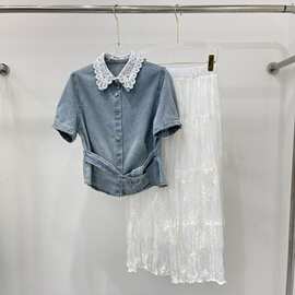 简约大气时尚名媛淑女气质舒适软糯蕾丝翻领牛仔上衣+网纱裙 套装