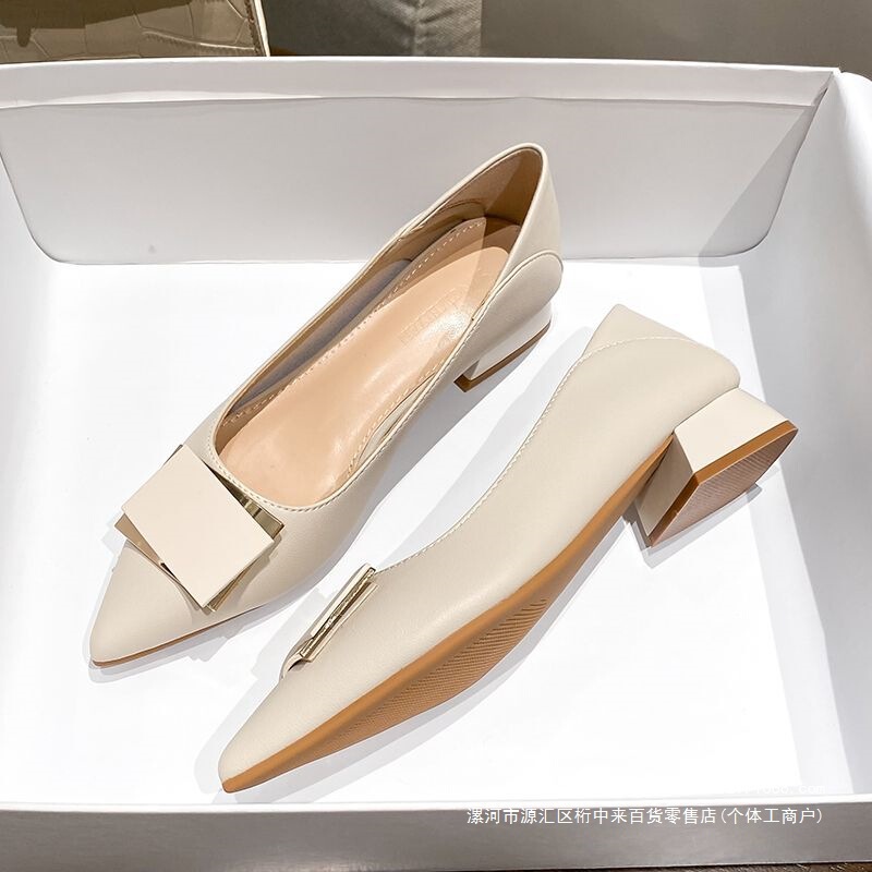 Genuine leather professional low-heel shallow women's shoes 2026 new model pointed toe square buckle chunky heel single shoes comfortable for work Genuine leather professional low-heel shallow women's shoes 2026 new model pointed toe square buckle chunky heel single shoes comfortable for work